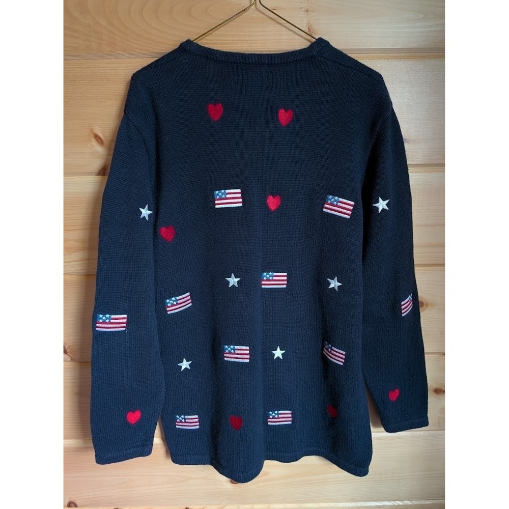 Quacker Factory Women Sweater M Patriotic Embroidered Heart Flag Star Classic - Picture 4 of 6